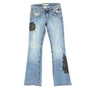 Vtg Y2K Z. Cavaricci Flare Jeans Embellished Beaded Distressed Light Wash Sz 9